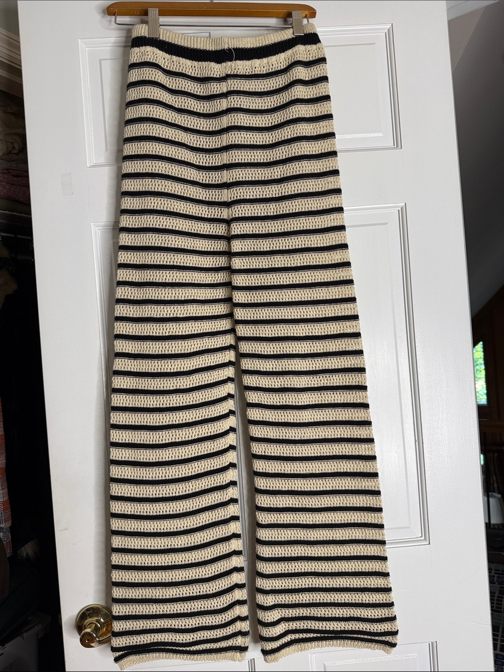 Striped Crochet Wide-Leg Pants in Cream & Black S